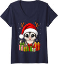 Women's Xmas Decor Cute Festive Santa Hat Sugar Glider Christmas V-Neck T-Shirt - Navy Blue