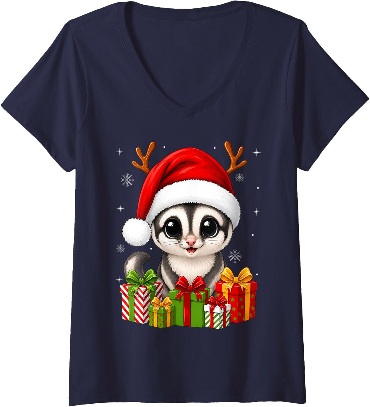Women's Xmas Decor Cute Festive Santa Hat Sugar Glider Christmas V-Neck T-Shirt - Navy Blue