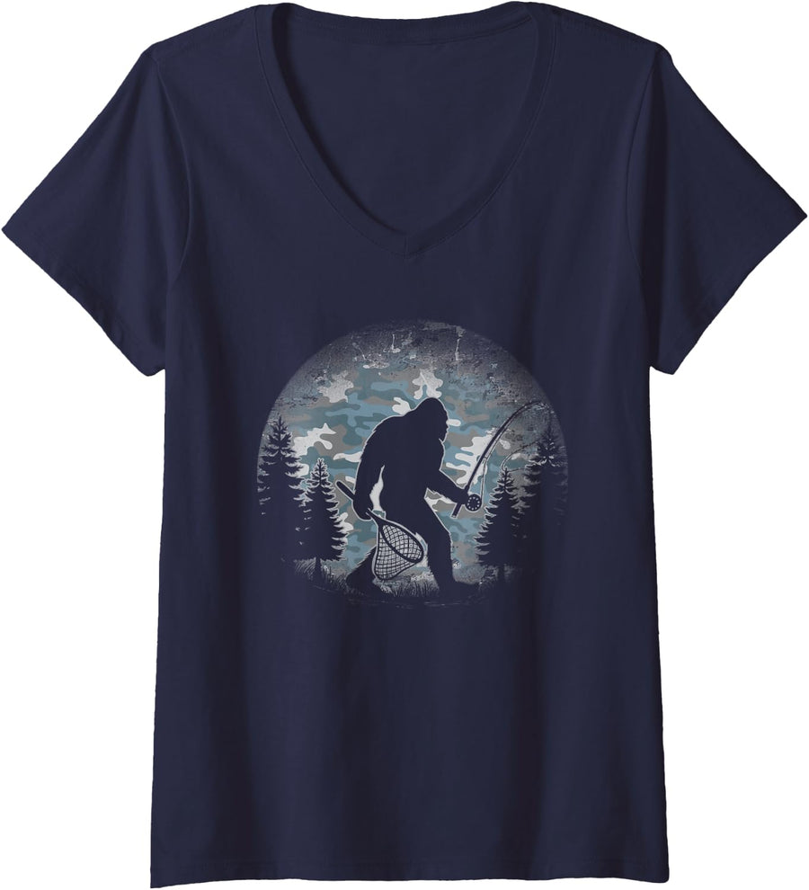 Women's Funny Trout Angler Fly Fishing Fisherman Sasquatch V-Neck T-Shirt - Navy Blue
