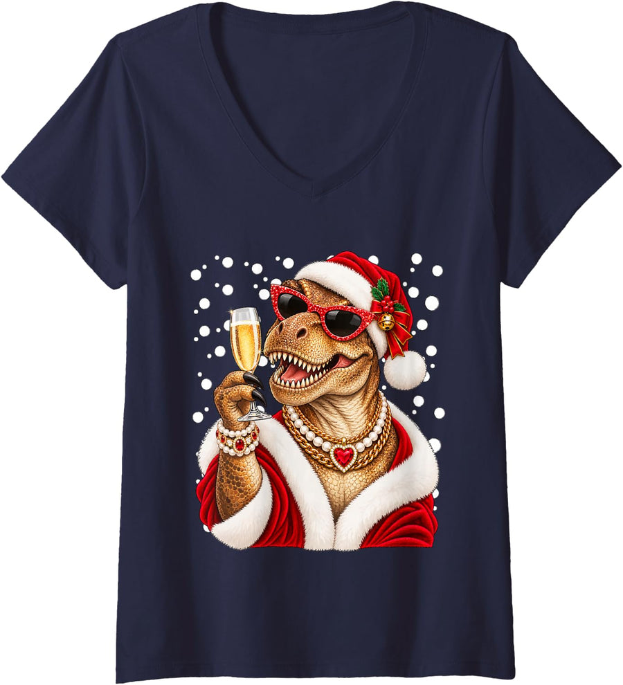 Women's Glam T-rex with Champagne Festive Dinosaur Christmas Party V-Neck T-Shirt - Navy Blue