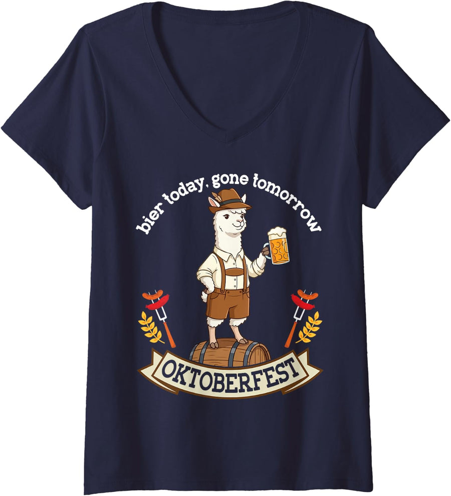 Women's Funny Oktoberfest Alpaca Drinking Bier Today Gone Tomorrow V-Neck T-Shirt - Navy Blue