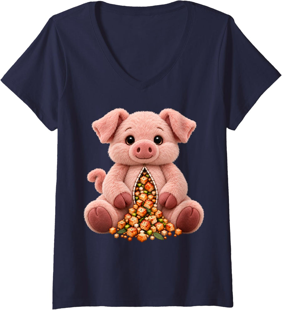 Women's Pig Stuffed Animal Toy Plush Plushie Funny Cute Lover Gifts V-Neck T-Shirt - Navy Blue