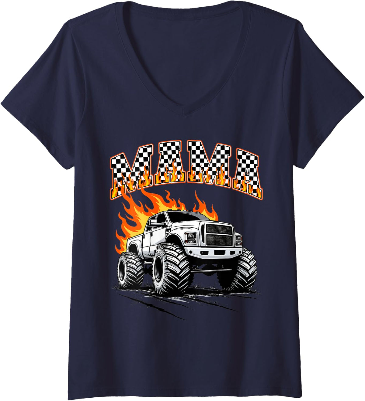 Women's Retro Mama Monster Truck Birthday Matching Mom Monster Truck V-Neck T-Shirt - Navy Blue
