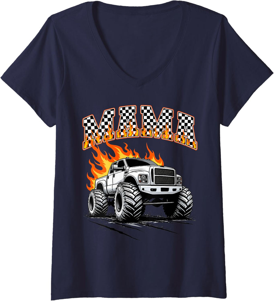 Women's Retro Mama Monster Truck Birthday Matching Mom Monster Truck V-Neck T-Shirt - Navy Blue