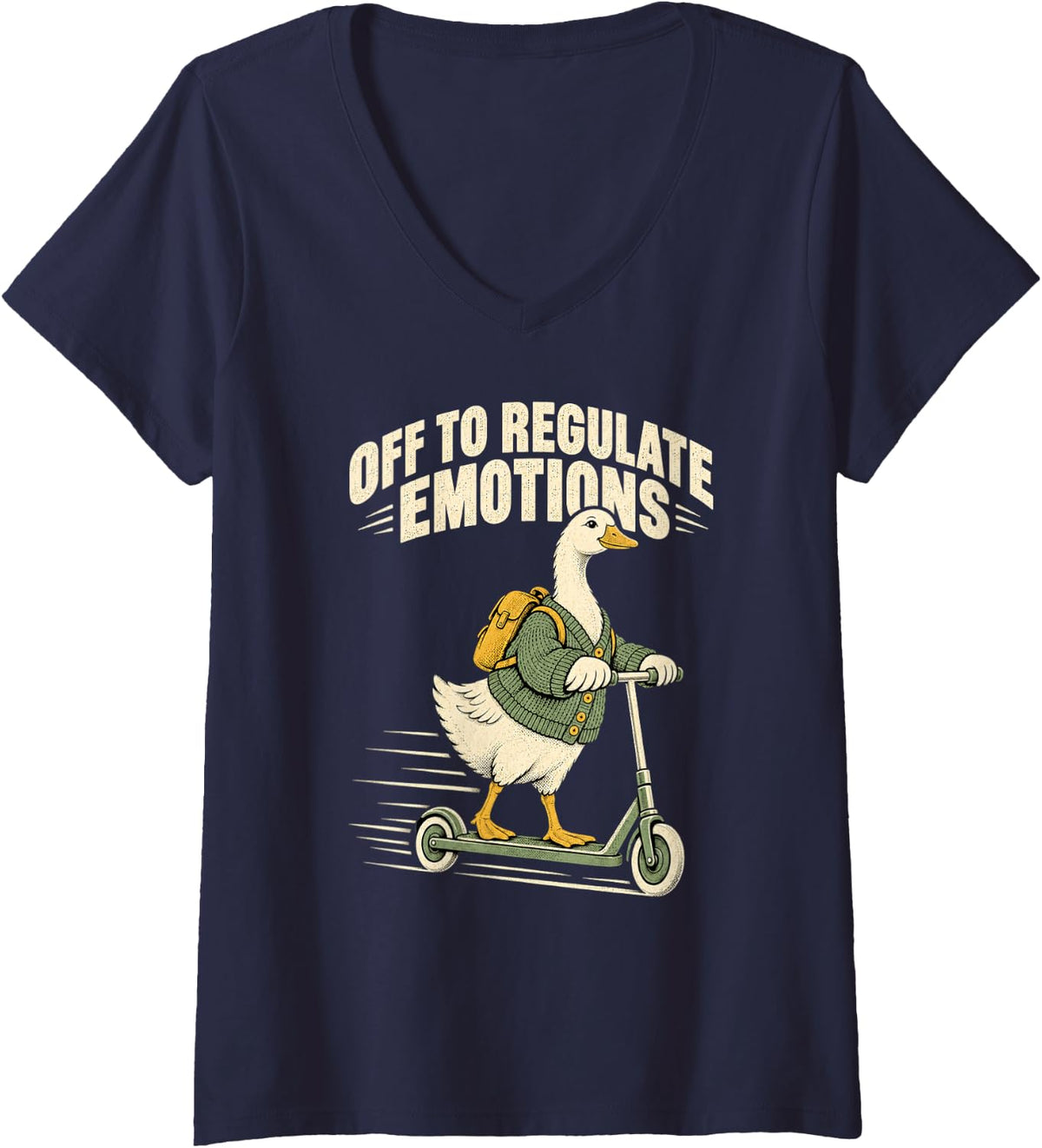 Women's Silly Goose Riding A Scooter Off to Regulate Emotions V-Neck T-Shirt - Navy Blue