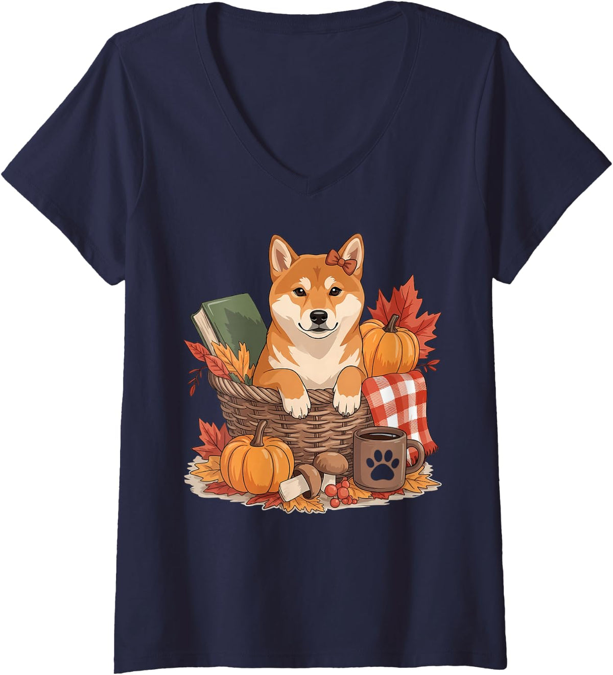 Women's Shiba Inu Dog Fall Leaves Pumpkins Books and Autumns V-Neck T-Shirt - Navy Blue