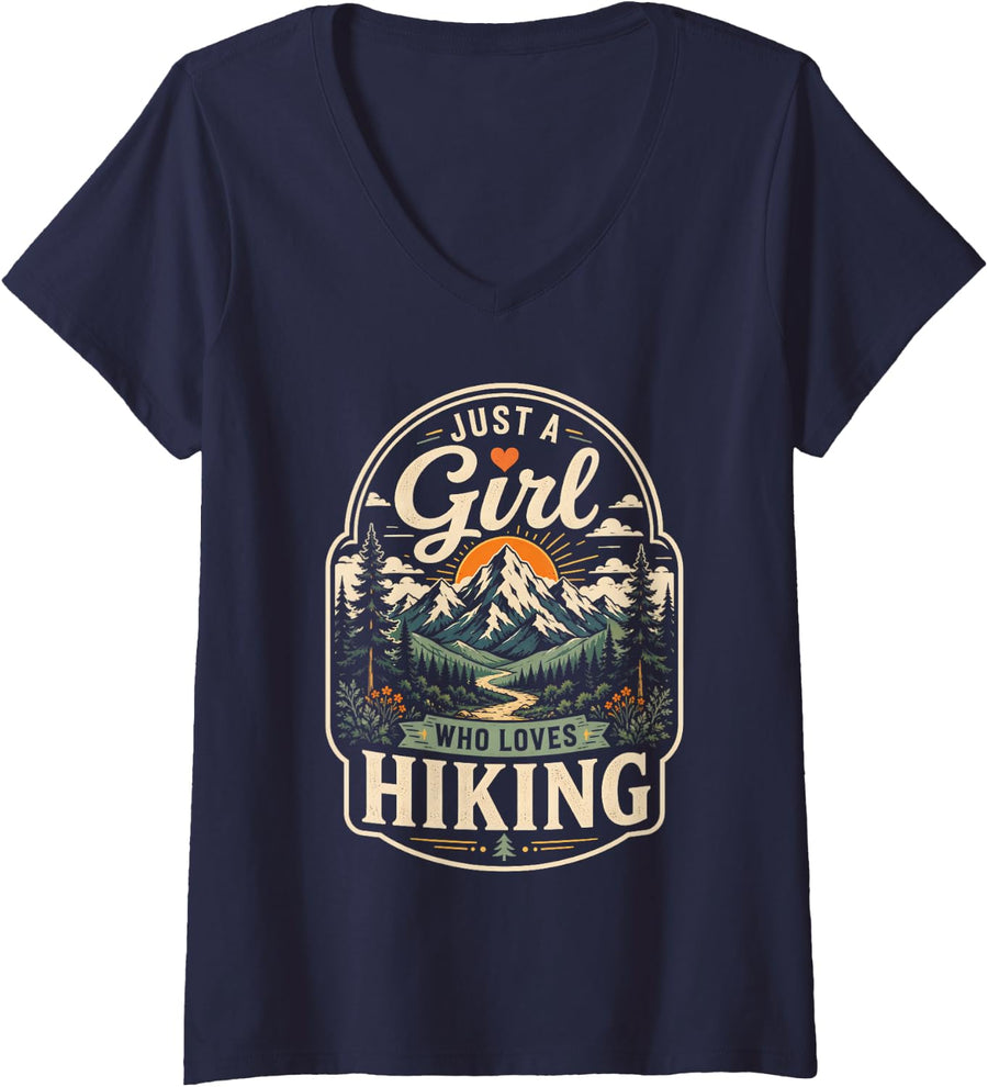 Women's Just A Girl Who Loves Hiking Mountain Hiker Women V-Neck T-Shirt - Navy Blue