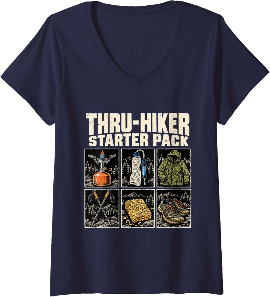 Women's Thru Hiker Starter Pack Outdoor Essentials V-Neck T-Shirt - Navy Blue