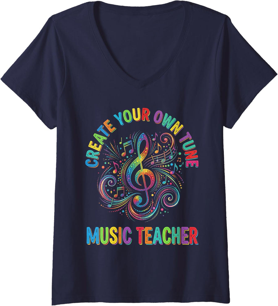 Women's Music Teacher Treble Clef Colorful Notes Design V-Neck T-Shirt - Navy Blue