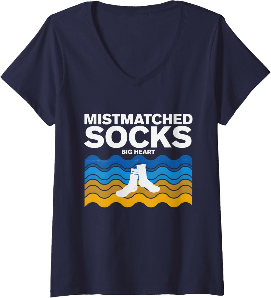 Women's Mismatched Socks Big Heart - Down Syndrome Awareness V-Neck T-Shirt - Navy Blue