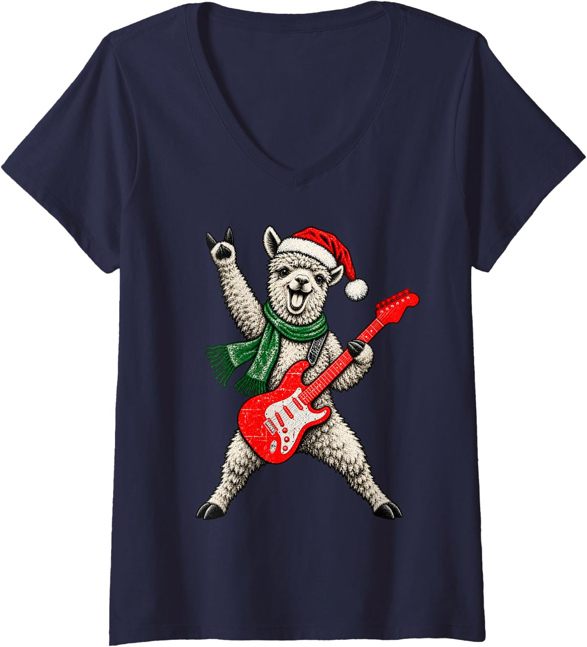 Women's Vintage Alpaca Rock Playing Guitar Funny Christmas V-Neck T-Shirt - Navy Blue