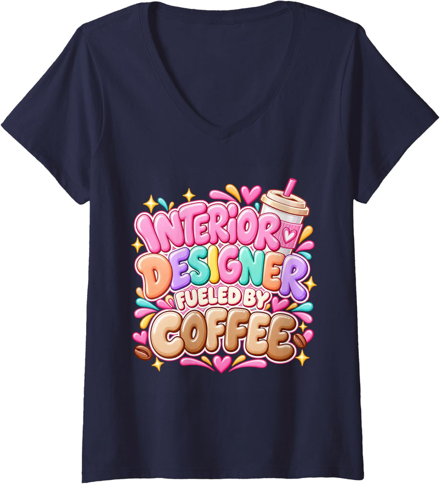 Women's Interior Designer Fueled By Coffee V-Neck T-Shirt - Navy Blue