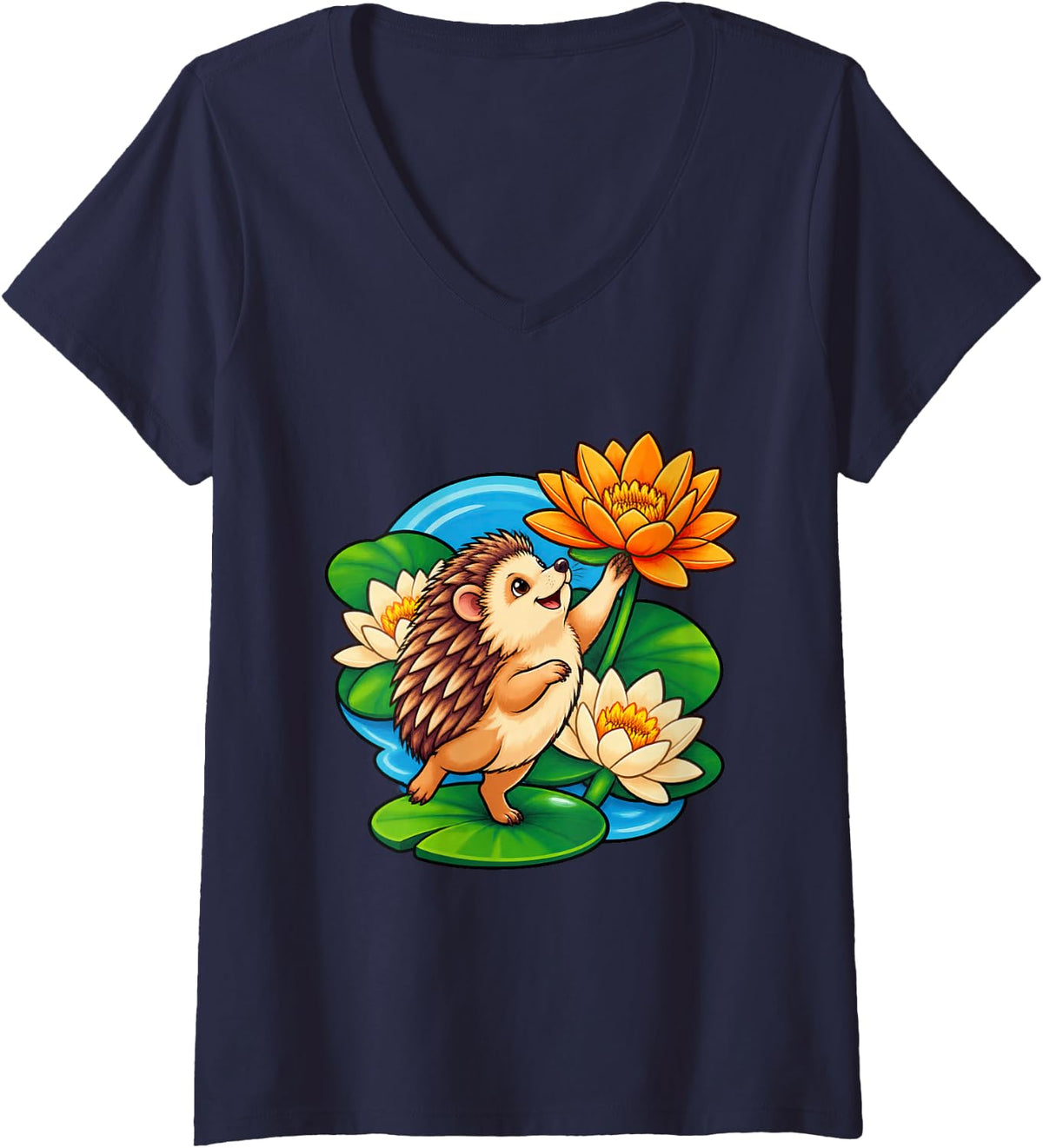 Women's Hedgehog Reaches Toward a Magnificent Bloom V-Neck T-Shirt - Navy Blue