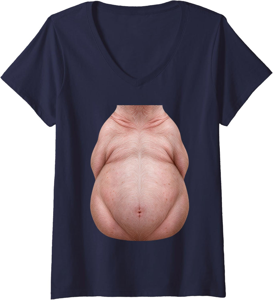 Women's Funny Pig Belly Costume Realistic Pink Pig Body V-Neck T-Shirt - Navy Blue