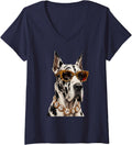 Women's Cool Great Dane Roar Leopard Sunglasses Funny Humor V-Neck T-Shirt - Navy Blue