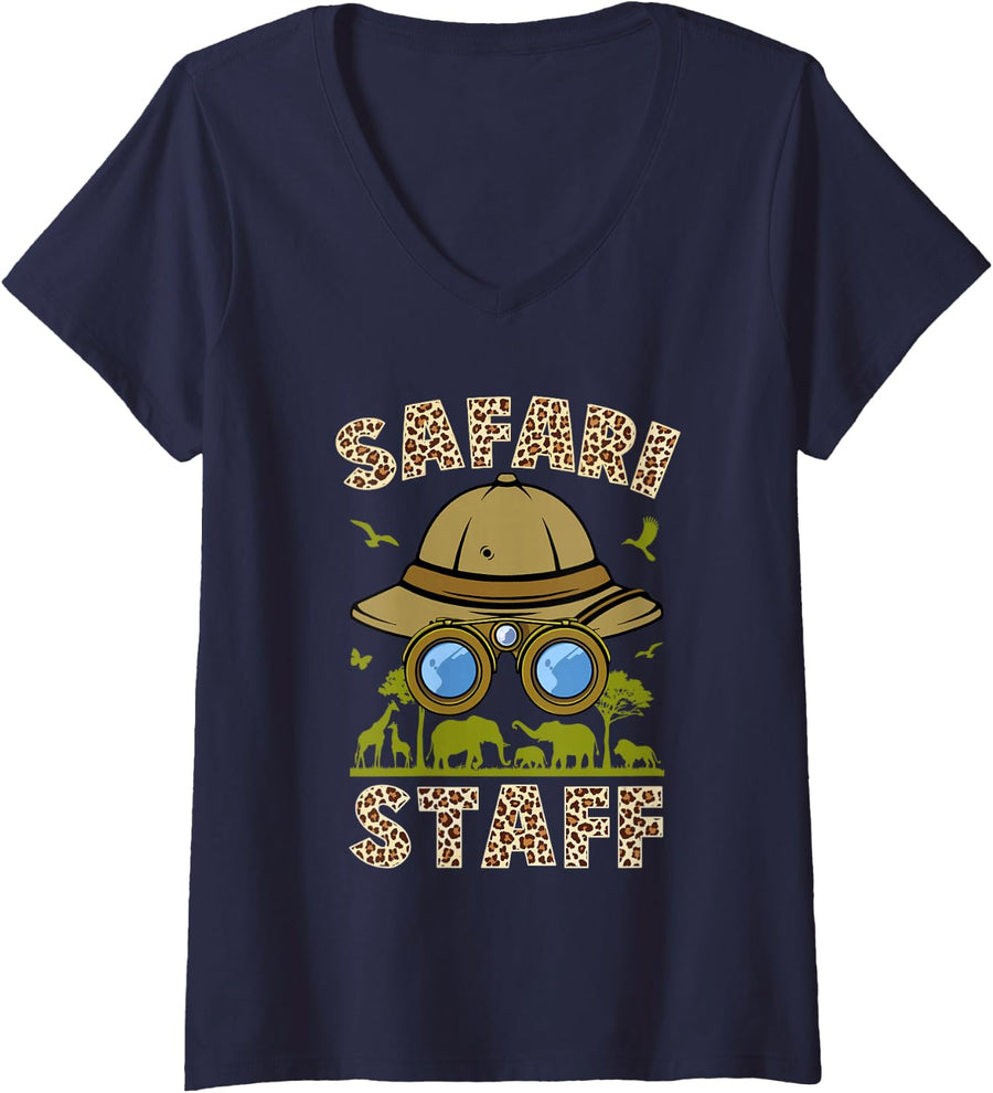 Women's Safari Staff Art for Men Women Zookeeper Costume Zoo Jungle V-Neck T-Shirt - Navy Blue