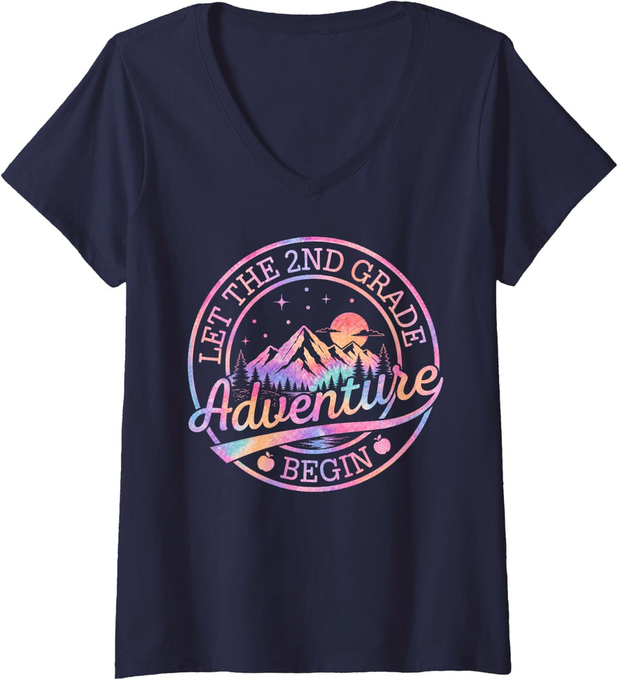 Women's Let The 2nd Grade Adventure Begin Retro First Day of School V-Neck T-Shirt - Navy Blue