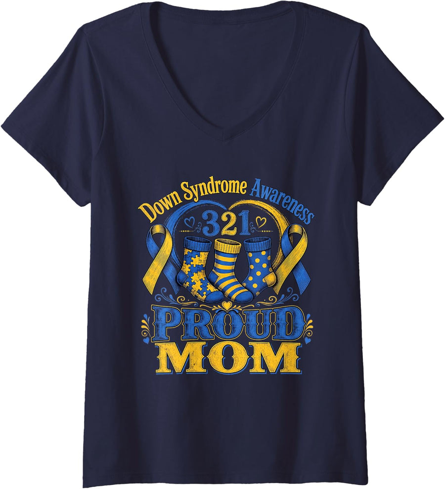 Women's Proud Mom Down Syndrome Awareness V-Neck T-Shirt - Navy Blue