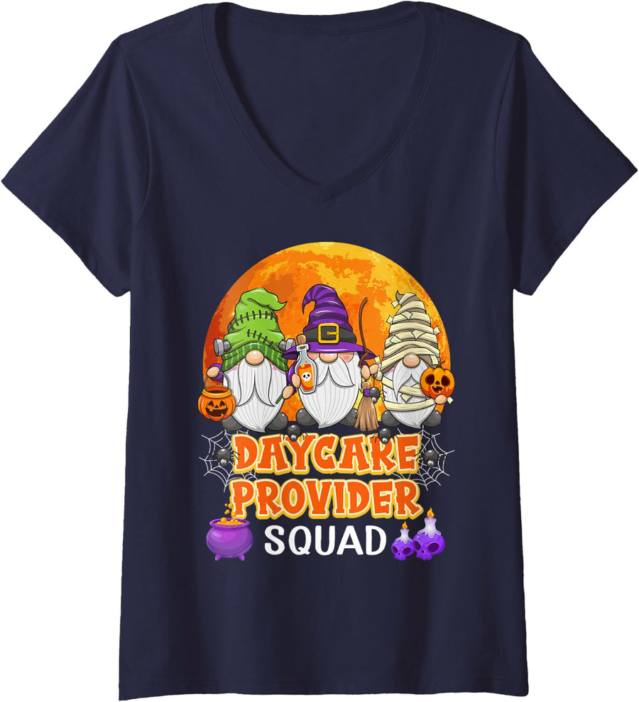 Women's Daycare Provider Squad Halloween Gnome Matching V-Neck T-Shirt - Navy Blue