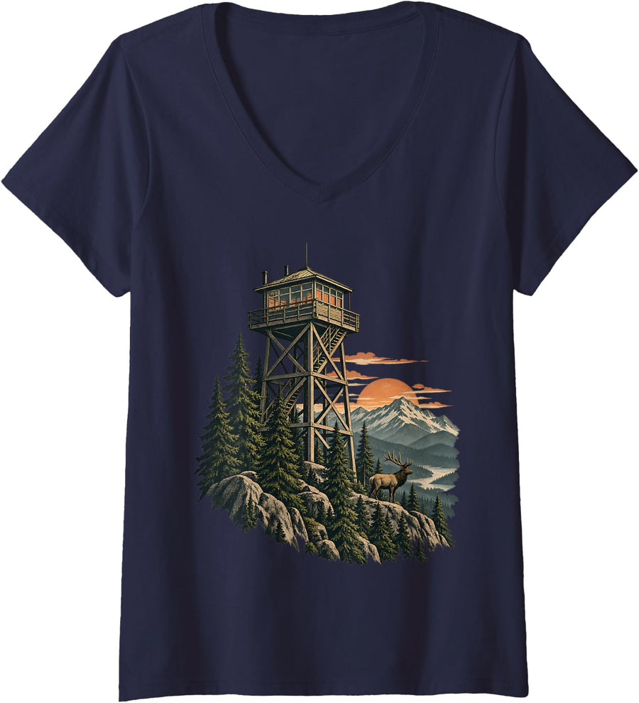 Women's Elk Ridge Fire Lookout Tower Wilderness Art V-Neck T-Shirt - Navy Blue