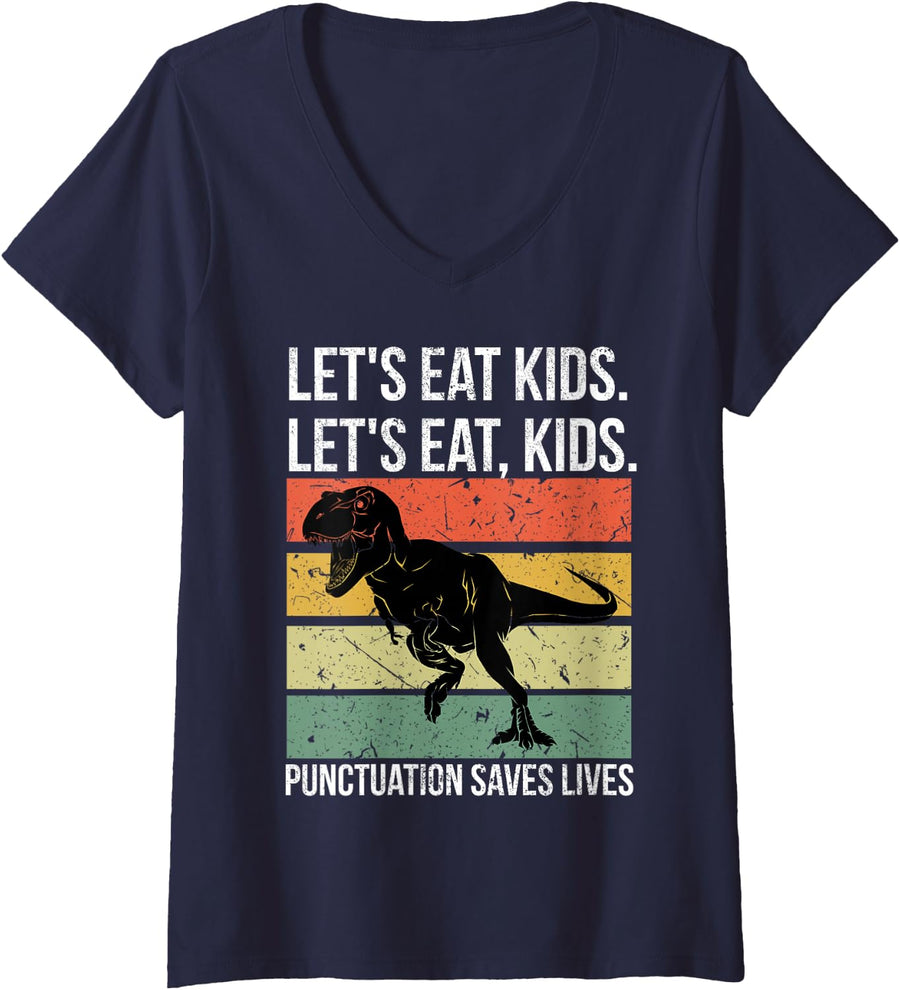 Women's Funny Let's Eat Kids Punctuation Saves Lives Grammar V-Neck T-Shirt - Navy Blue