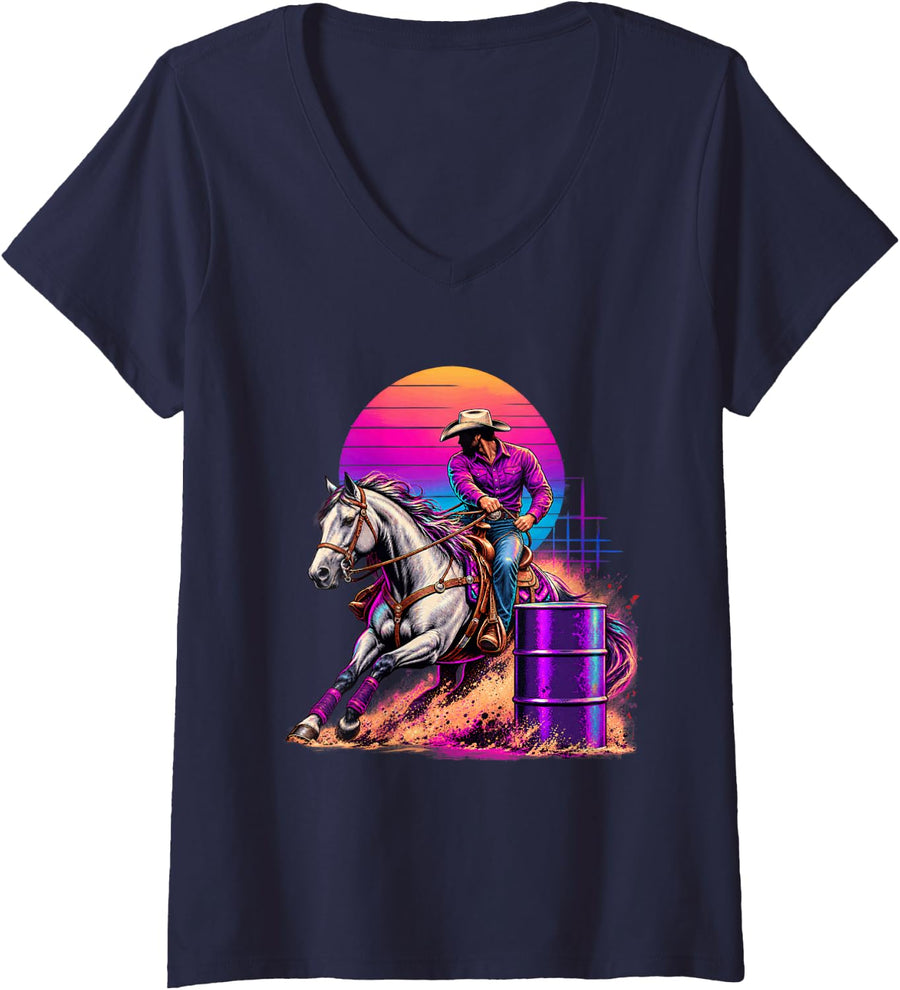 Women's Retro Synthwave Barrel Racing Cowboy Horse Rodeo Rider V-Neck T-Shirt - Navy Blue