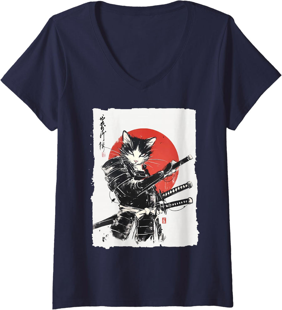 Women's Samurai Cat Vintage Ukiyo-e Warrior Art Graphic Cat Art V-Neck T-Shirt - Navy Blue