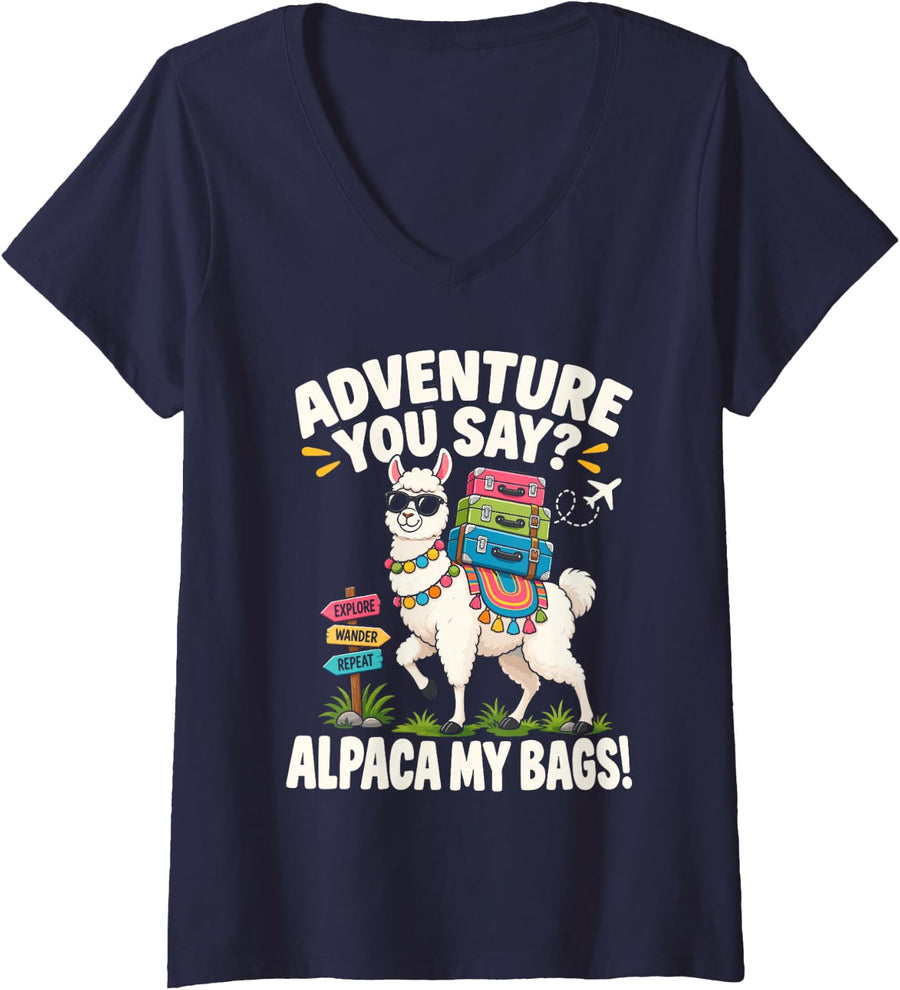Women's Adventure You Say Alpaca My Bags Travel Humor V-Neck T-Shirt - Navy Blue