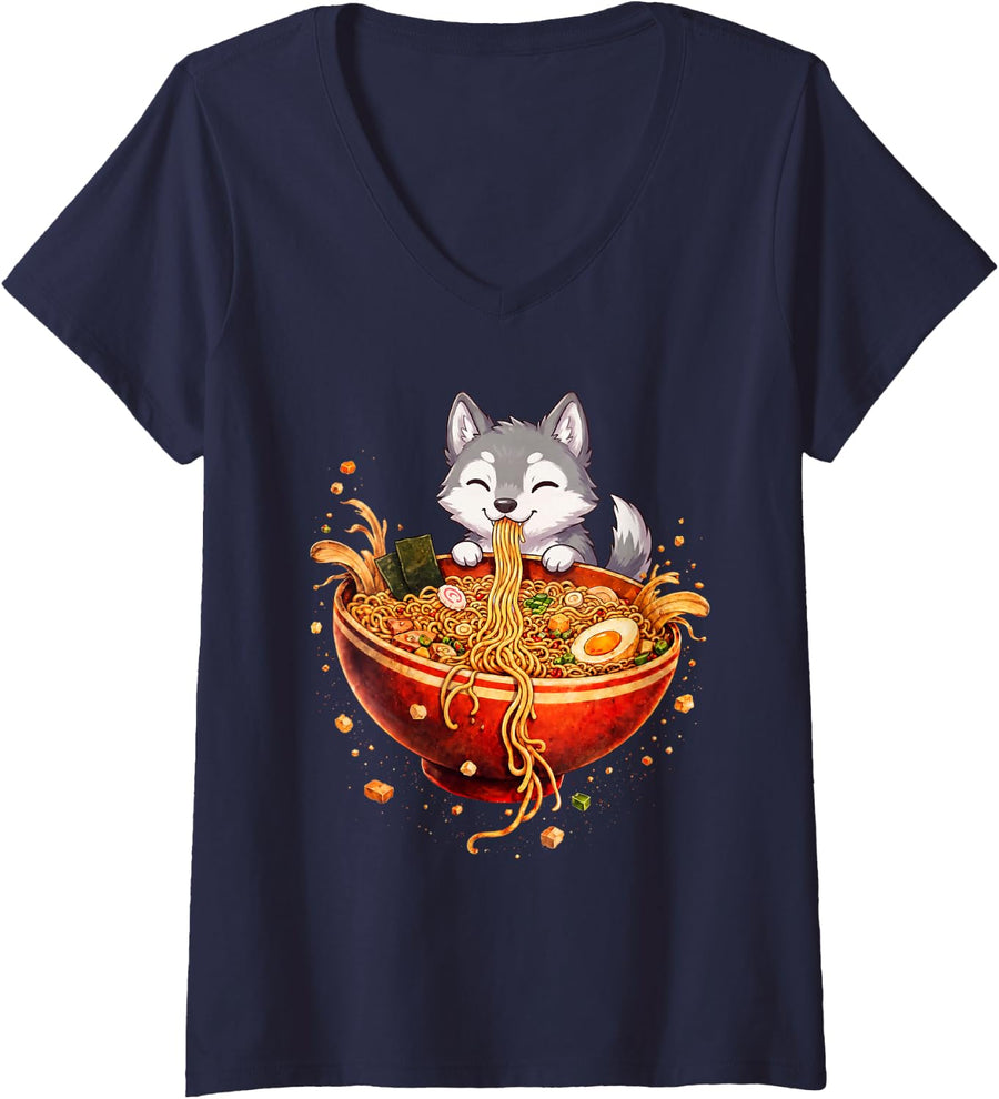 Women's Wolf Ramen Japanese Art Funny Anime Graphic Tee Kawaii V-Neck T-Shirt - Navy Blue