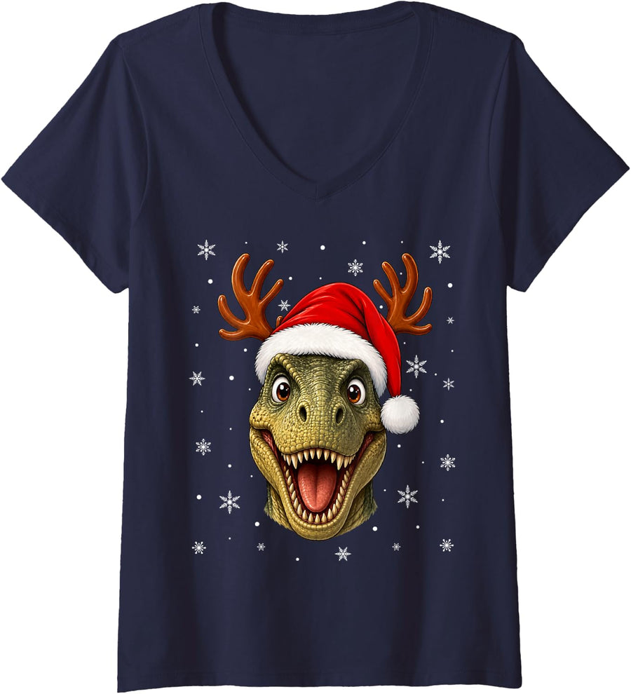 Women's Funny Reindeer Horn Santa Dinosaur T-Rex Christmas V-Neck T-Shirt - Navy Blue