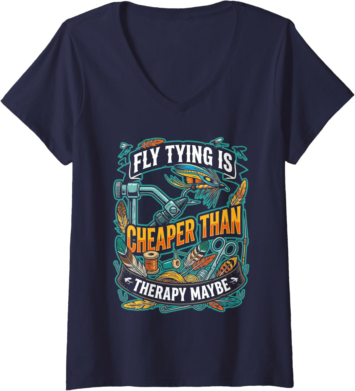 Women's Artificial Fly Tying Fly Fishing Reel Trout Flies V-Neck T-Shirt - Navy Blue