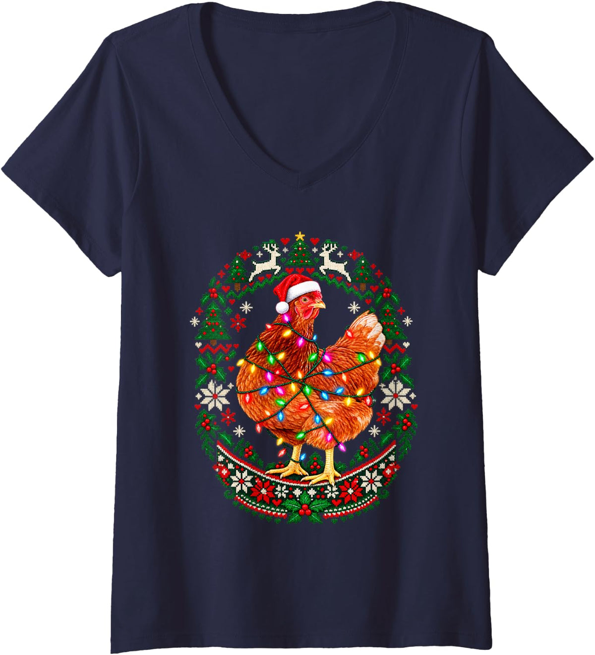 Women's Christmas Chicken Curious Santa Hat Snowflake Knit Medallion V-Neck T-Shirt - Navy Blue