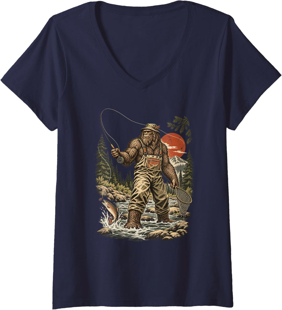 Women's Bigfoot Fly Fishing Funny Sasquatch Vintage Angler Art V-Neck T-Shirt - Navy Blue