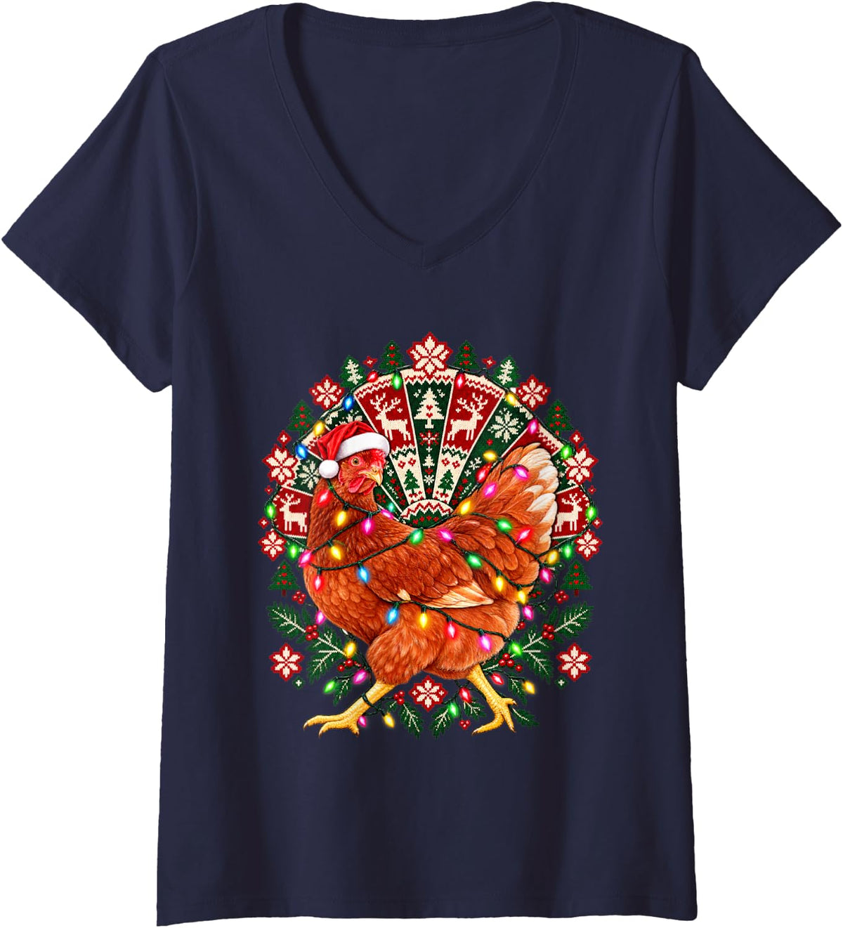 Women's Christmas Chicken Excited Twinkling Lights and Snowflakes V-Neck T-Shirt - Navy Blue