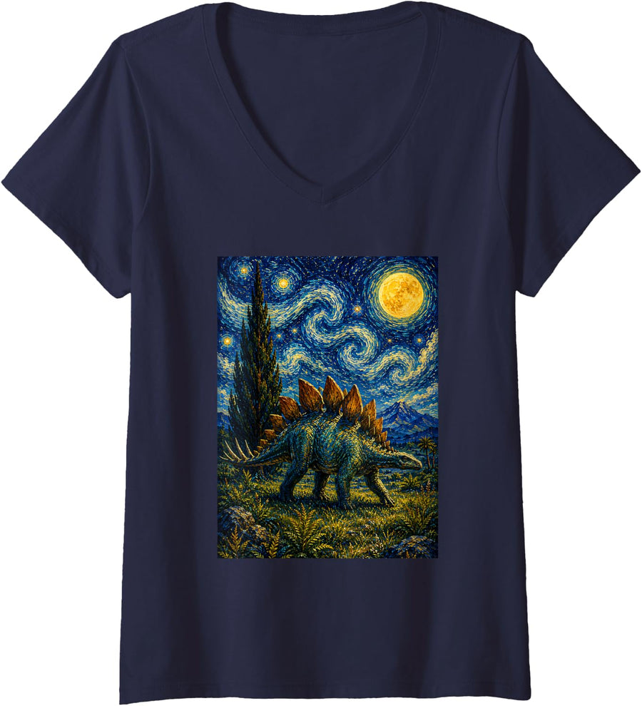 Women's Moonlit Stegosaurus Prehistoric Van Gogh Starry Night Art V-Neck T-Shirt - Navy Blue