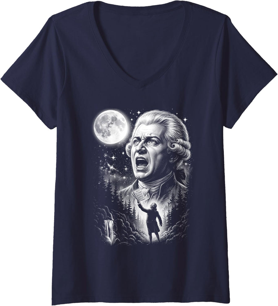 Women's Wolfgang Amadeus Mozart Howling At The Moon Classical Music V-Neck T-Shirt - Navy Blue