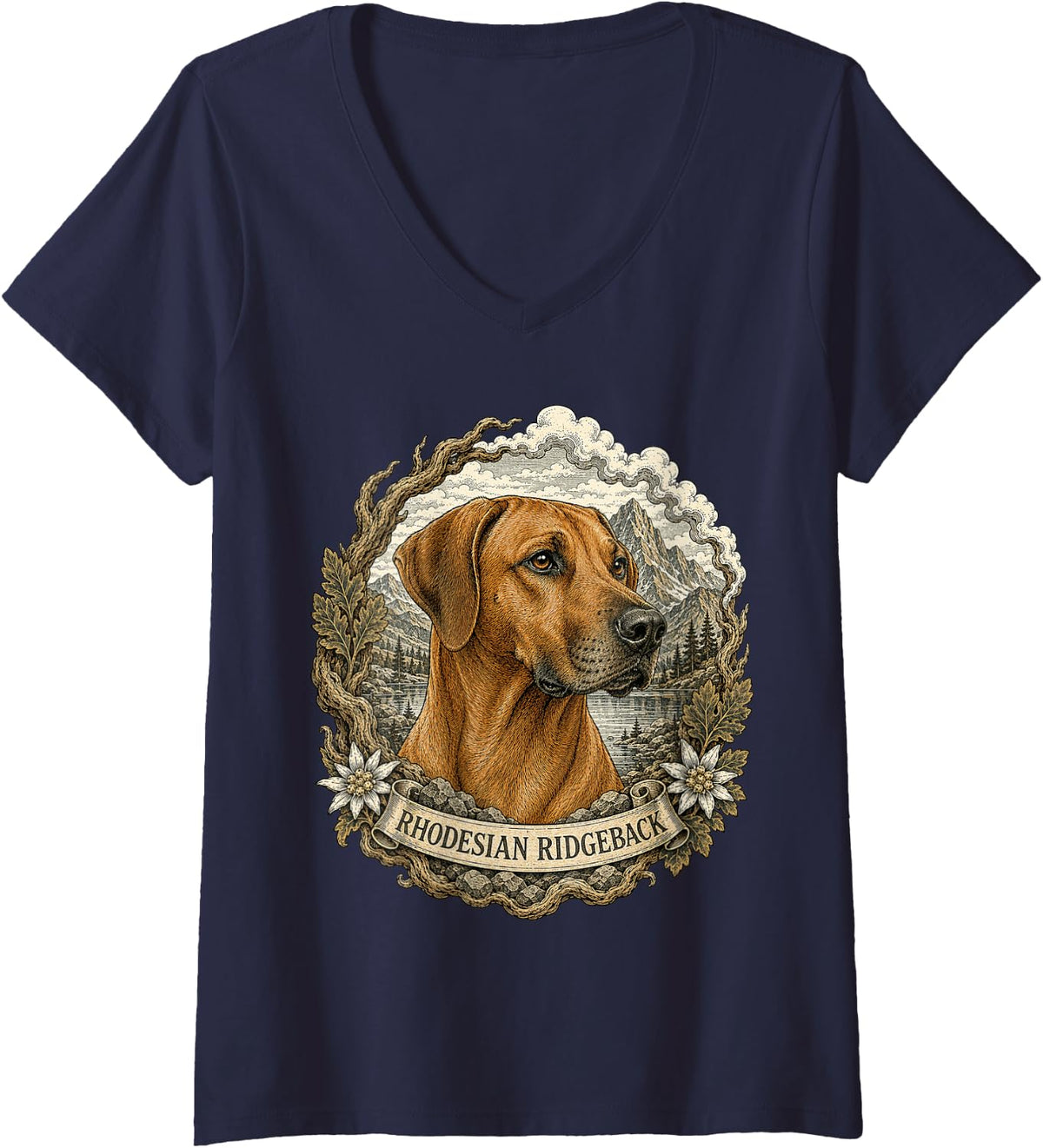 Women's Rhodesian Ridgeback Vintage Nature Art Design V-Neck T-Shirt - Navy Blue
