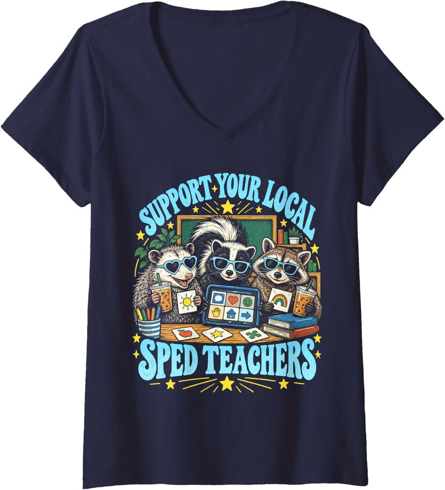 Women's Support Your Local Sped Teachers Opossum Skunk Raccoon V-Neck T-Shirt - Navy Blue