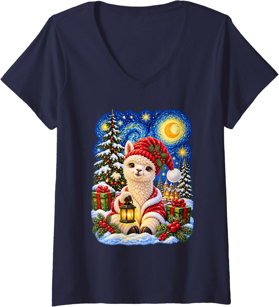 Women's Christmas Alpaca Van Gogh Starry Sky for Men Women V-Neck T-Shirt - Navy Blue
