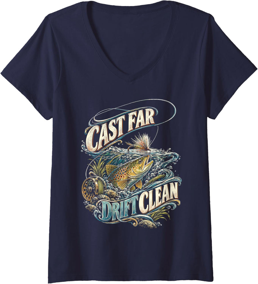 Women's Fly Tying Fly Fishing Cast Far Drift Clean V-Neck T-Shirt - Navy Blue