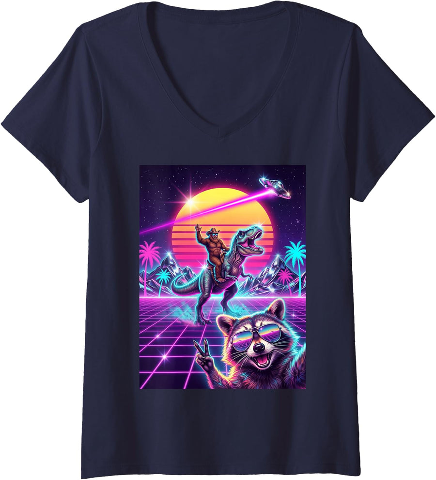Women's Raccoon Synthwave 1980's Selfie Bigfoot T-Rex UFO Funny V-Neck T-Shirt - Navy Blue