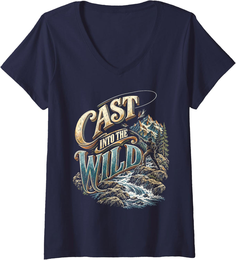 Women's Fly Tying Fly Fishing Cast Into The Wild V-Neck T-Shirt - Navy Blue