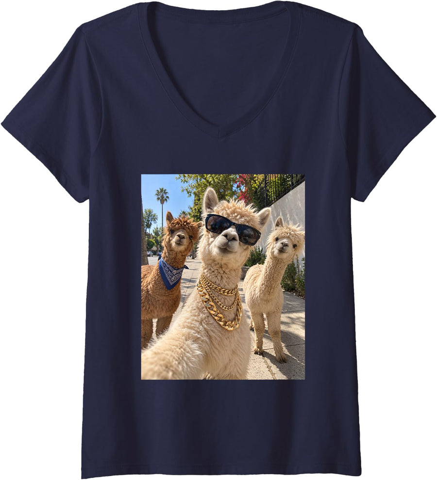 Women's Funny Alpaca Gold Chain Crew Gangster Farm Animal Meme V-Neck T-Shirt - Navy Blue