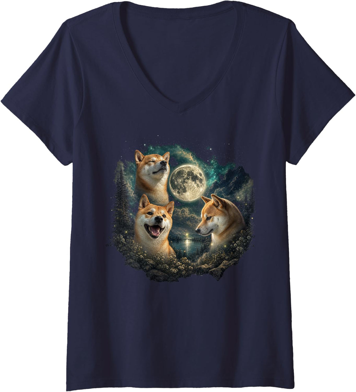Women's Shiba Inu Faces with Full Moon and Stars V-Neck T-Shirt - Navy Blue