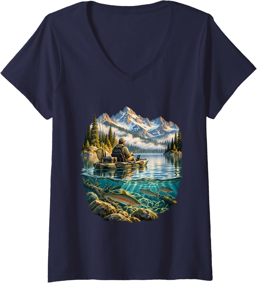 Women's Kayak Fishing Mountain Lake Trout Angler Adventure V-Neck T-Shirt - Navy Blue