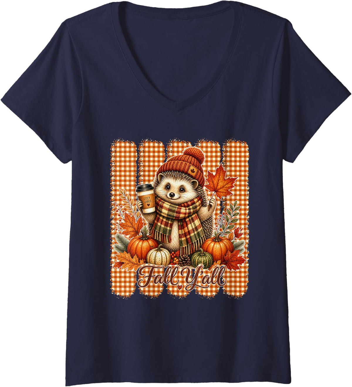 Women's Fall Y'all Hedgehog with Gingham Stripes Autumn V-Neck T-Shirt - Navy Blue