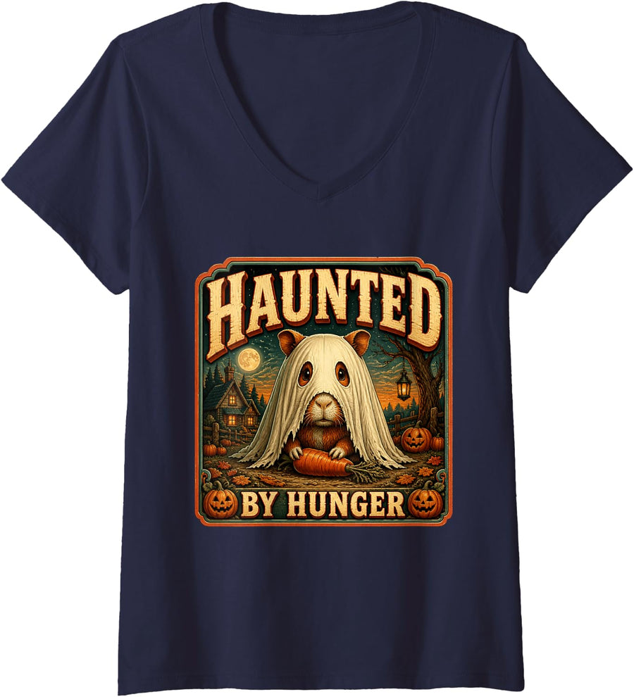 Women's Haunted By Hunger Guinea Pig Graphic Small Pet Halloween V-Neck T-Shirt - Navy Blue