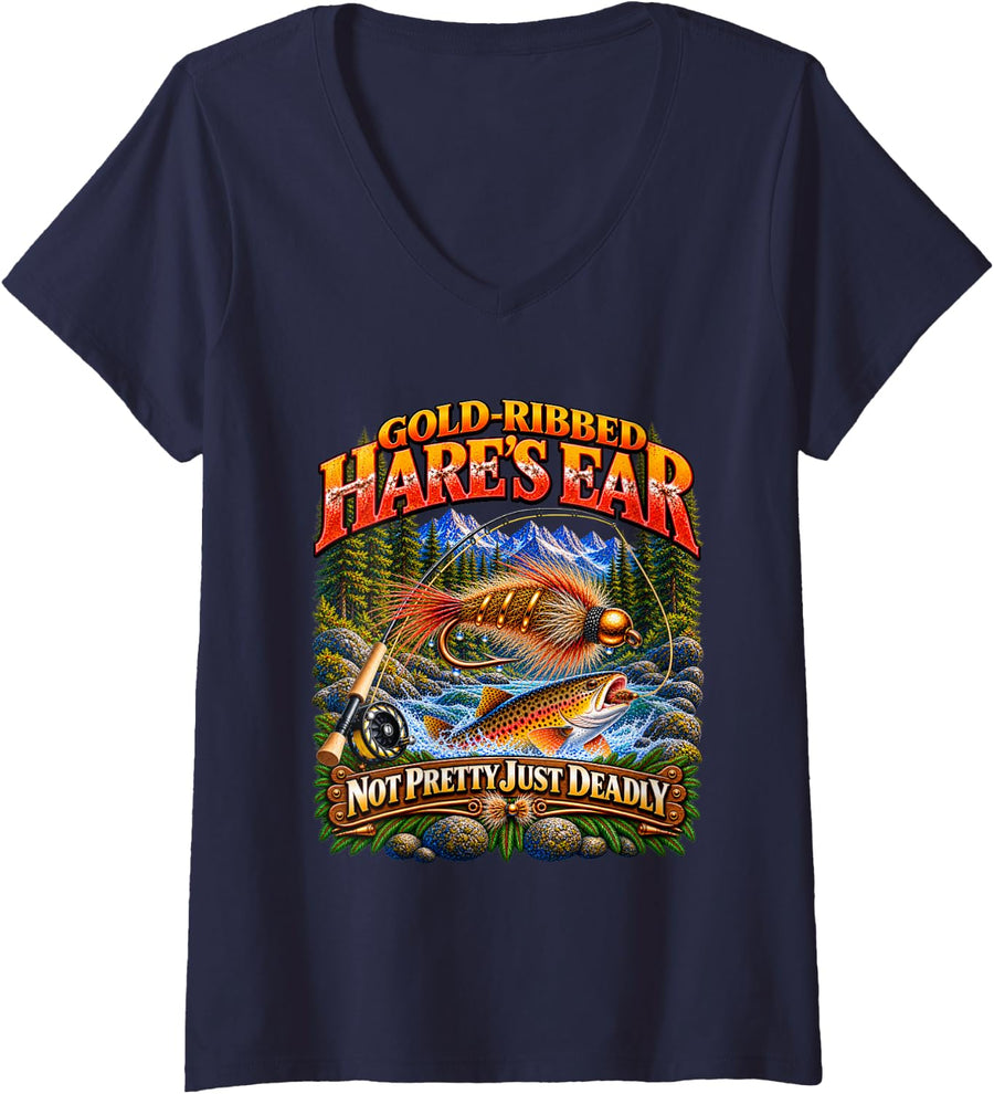 Women's Nymph Fly Fishing Flies Nymph Flies Fly Fishing Men Women V-Neck T-Shirt - Navy Blue