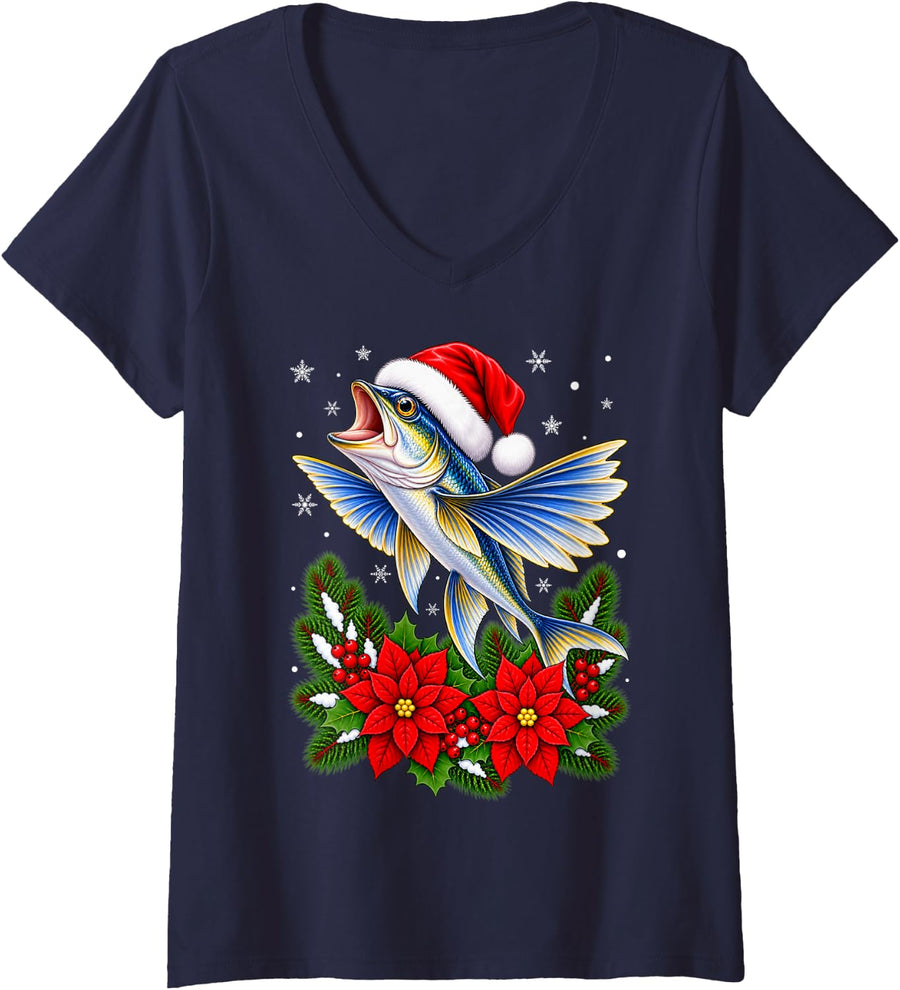 Women's Fishing Festive Floral Santa Hat Flying Fish Christmas V-Neck T-Shirt - Navy Blue