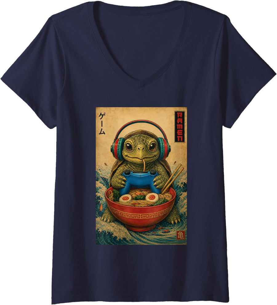 Women's Ramen Gamer Turtle Funny Gaming Reptile Men Boys Kids V-Neck T-Shirt - Navy Blue